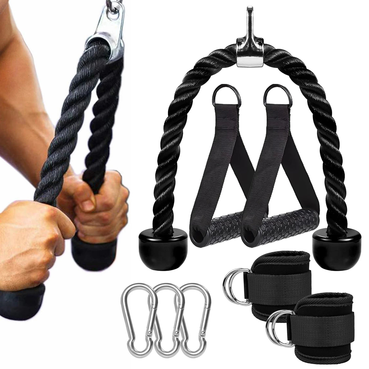 Cable Machine Attachment Kit – Handles, Ankle Strap and Tricep Rope